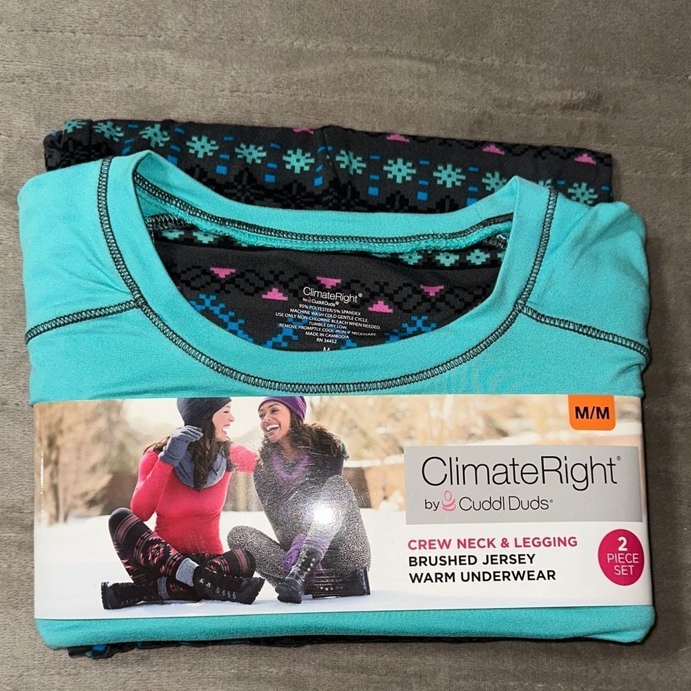 Climate Right M Teal Gray Multi Jersey Crew Neck Long Sleeve Thermal & Leggings